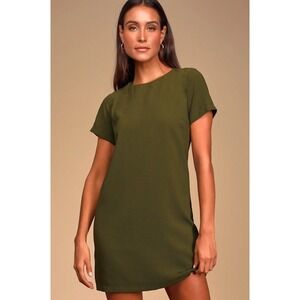 Lulus Olive Green Short Sleeve Shift Dress Back Gold Zip Size Medium NEW